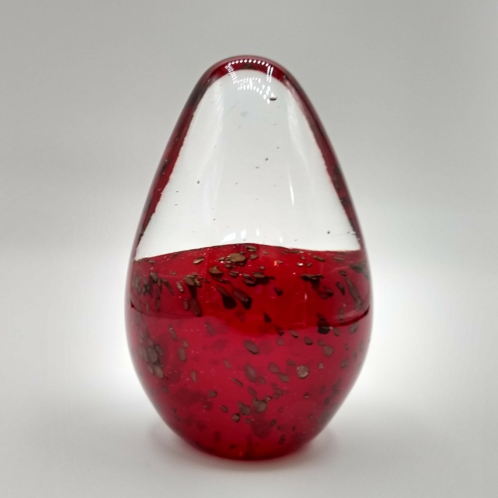 Egg Shaped Abstract Art Glass Paperweight Red With Gold Bronze Metallic Flakes-image