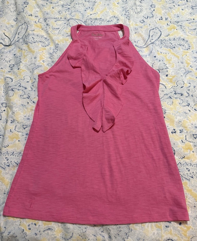 Lilly Pulitzer Women’s S Pink Halter Sleeveless Tank Top Pima Cotton Ruffle