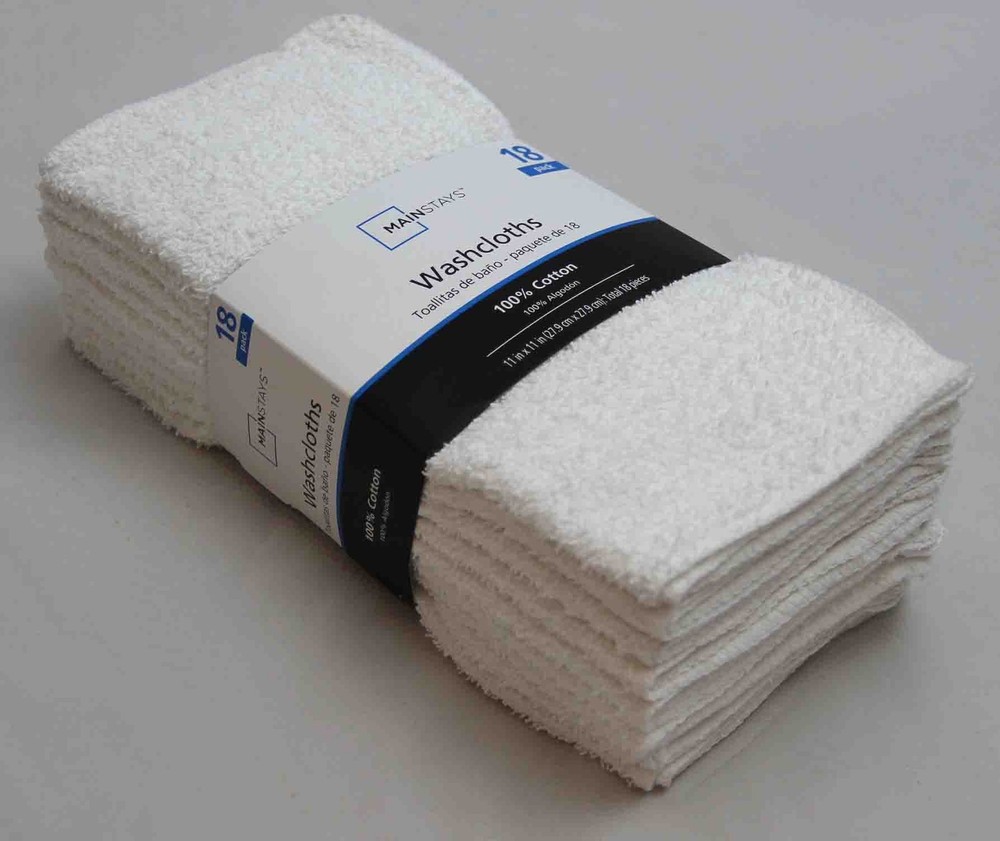 Mainstays 18-Pack Soft White Cotton Washcloths 12x12 Bulk Bath Towels