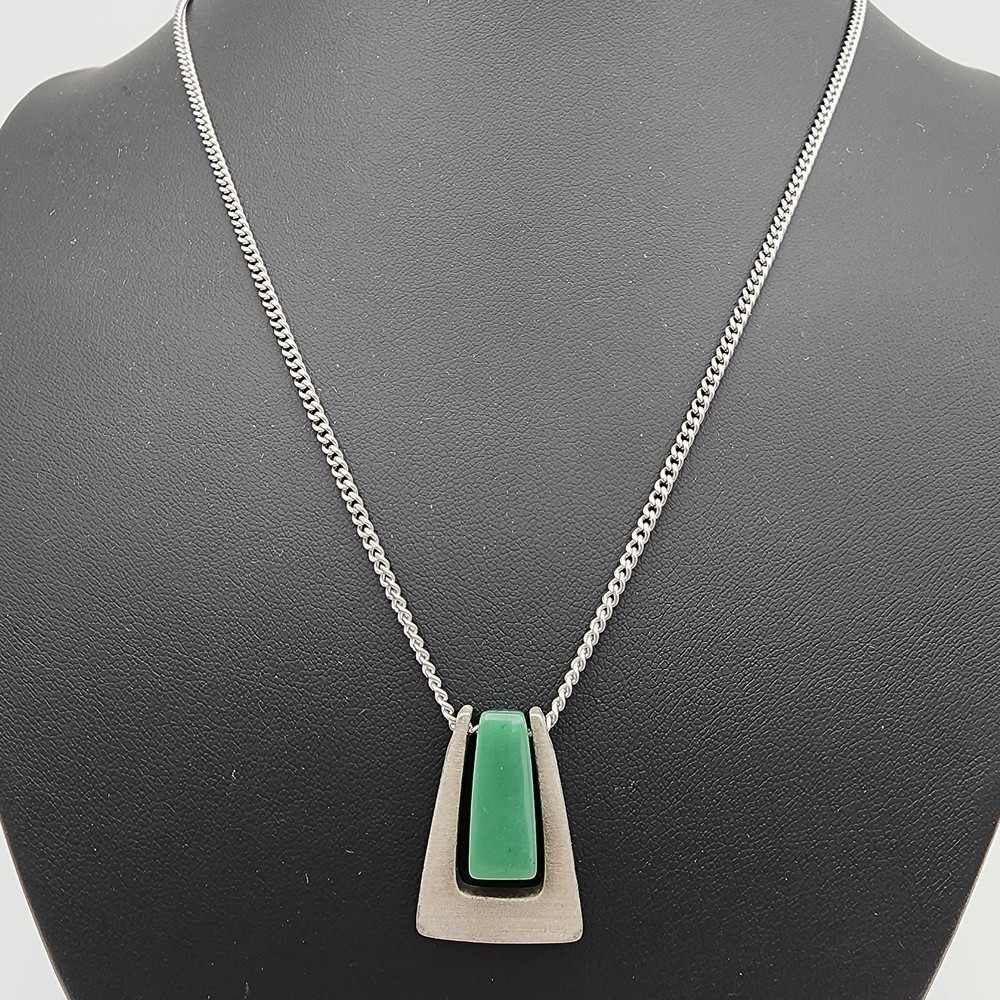 Vintage Signed Sarah Coventry Reversible Pendant Necklace Modernist Green Black