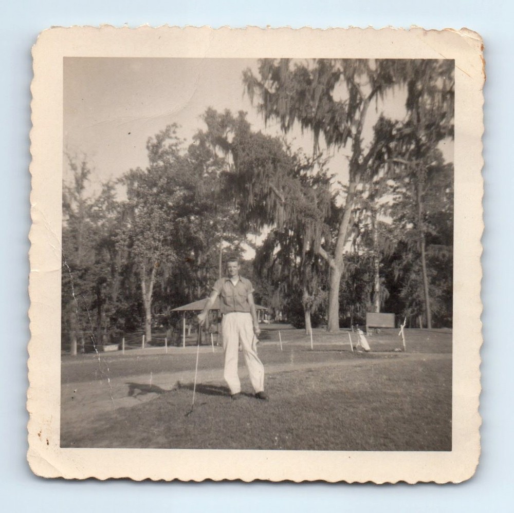 Old Vintage Square Photo SOLO MAN WITH GOLF CLUB ON COURSE GOLFING SNAPSHOT
