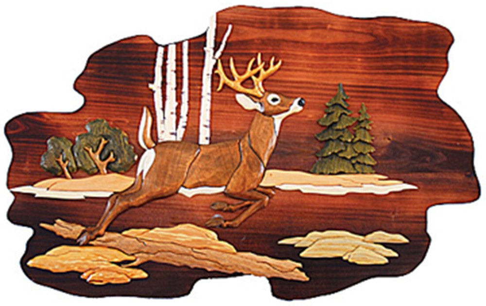 Jumping Deer Hand Crafted Intarsia Wood Art Wall Hanging 26 X 18 X 2.5 Inches