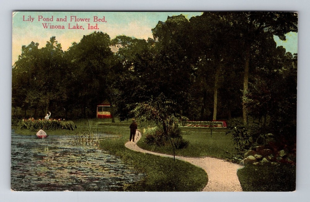 Winona Lake IN-Indiana, Lily Pond, Flower Bed, Gent, Antique Vintage Postcard
