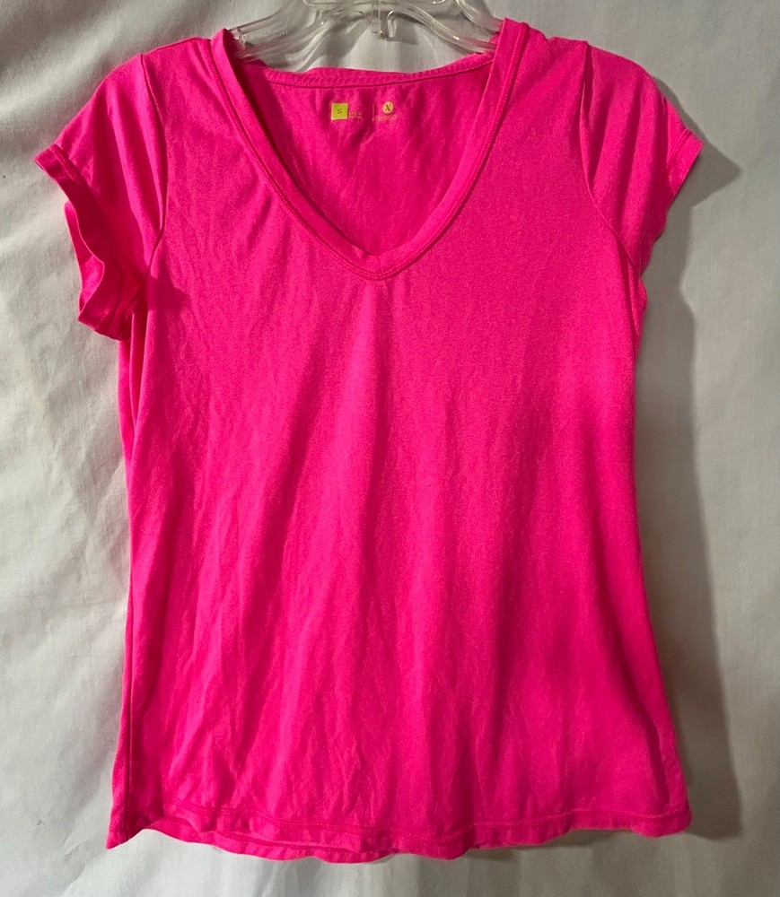 Xersion hot pink v-neck active wear short sleeve shirt women's size small
