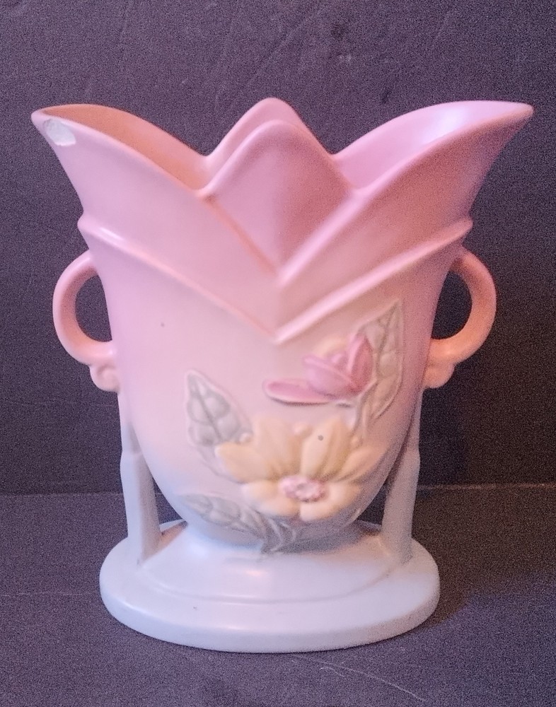 Vtg Hull Magnolia Art Pottery Double Handled Floral  Vase 7- 8-1/2