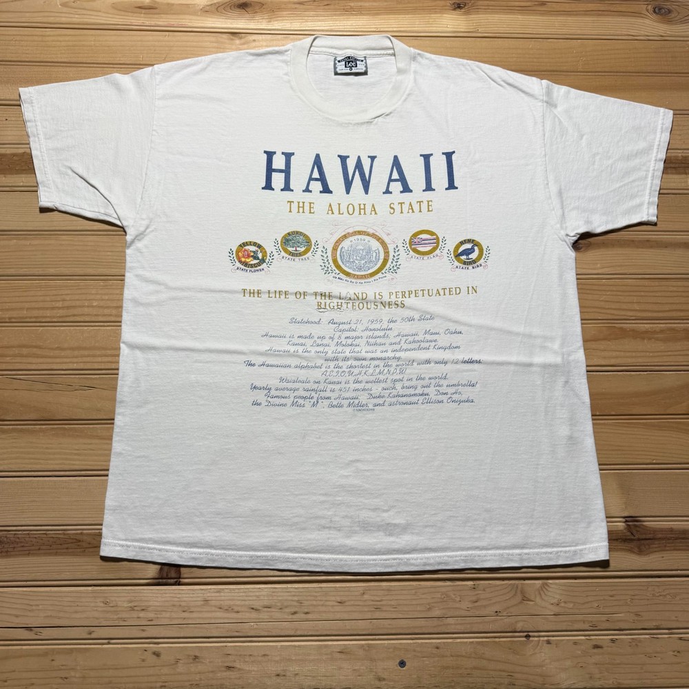 Vintage 90s Lee Hawaii The Aloha State Educational Facts Graphic T-Shirt USA XL