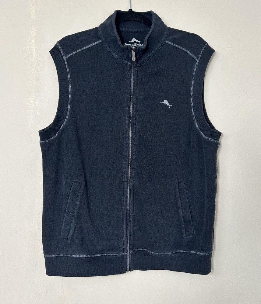 Tommy Bahama Mens Vest Navy Blue Full Zip Ribbed Cotton Medium Logo Casual