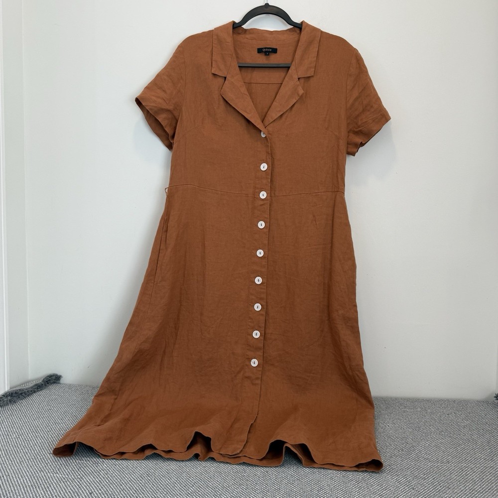 Quince Womens L 100% European Linen Button Front Dress Terracotta