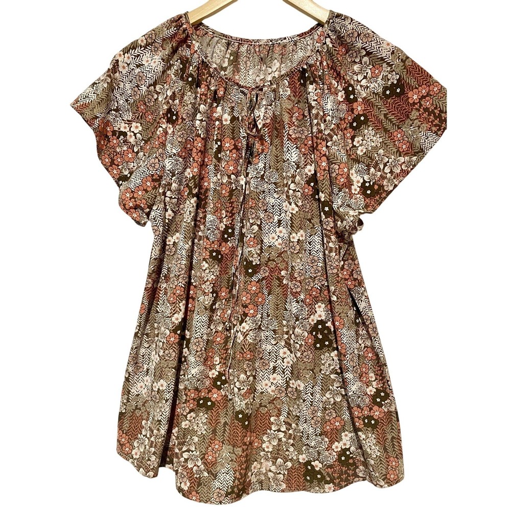 Women's Floral Tie Short Sleeve Round Neck Top Brown Size Large