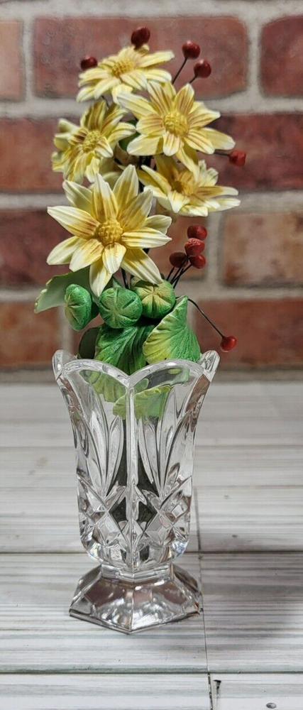 Waterford Crystal 3-inch scalloped rim footed bud vase with ceramic floral accents  