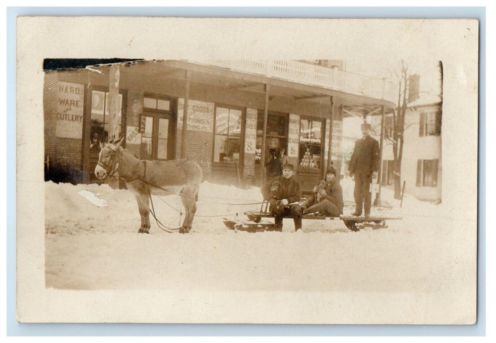 c1910's Donkey Snow Sled Hardware Store Dry Goods RPPC Children Photo Postcard