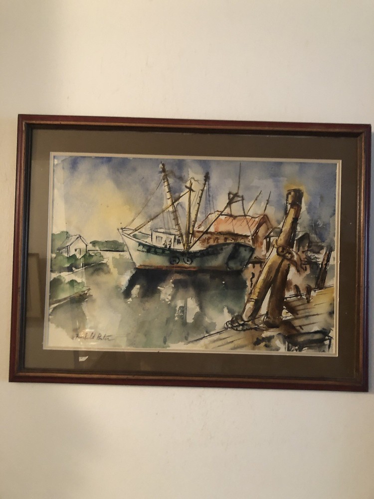Fairfield Porter NY Artist vintage rare watercolor painting glass -frame “boat”