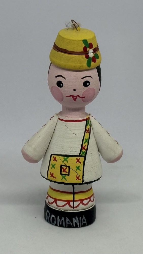 Romanian Wooden Peg Doll Ornament Hand Painted Folk Art Figurine