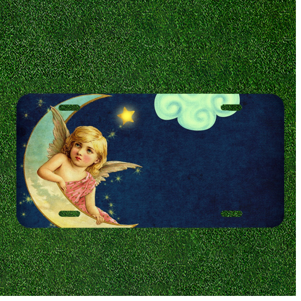 Custom Personalized License Plate Auto Tag With Blonde Girl Sitting On Moon Art