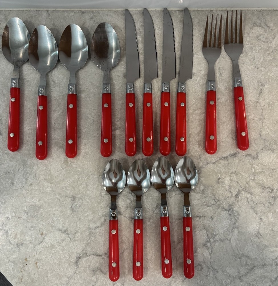 Red Handle Flatware 14 Pieces Stainless Steel