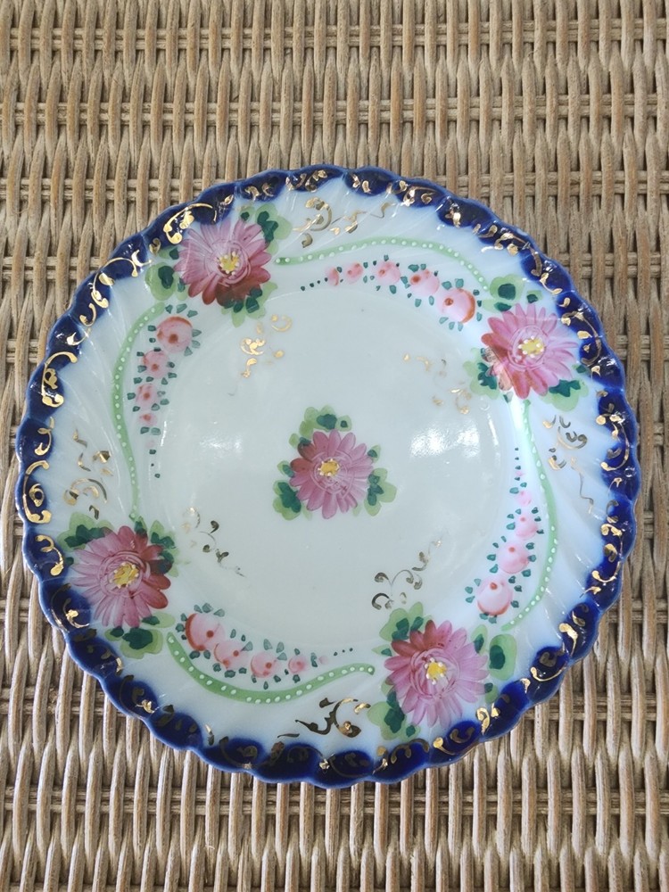Antique Nippon Moriage Flow Blue & Pink Plate Handpainted Floral Gold Accent 6