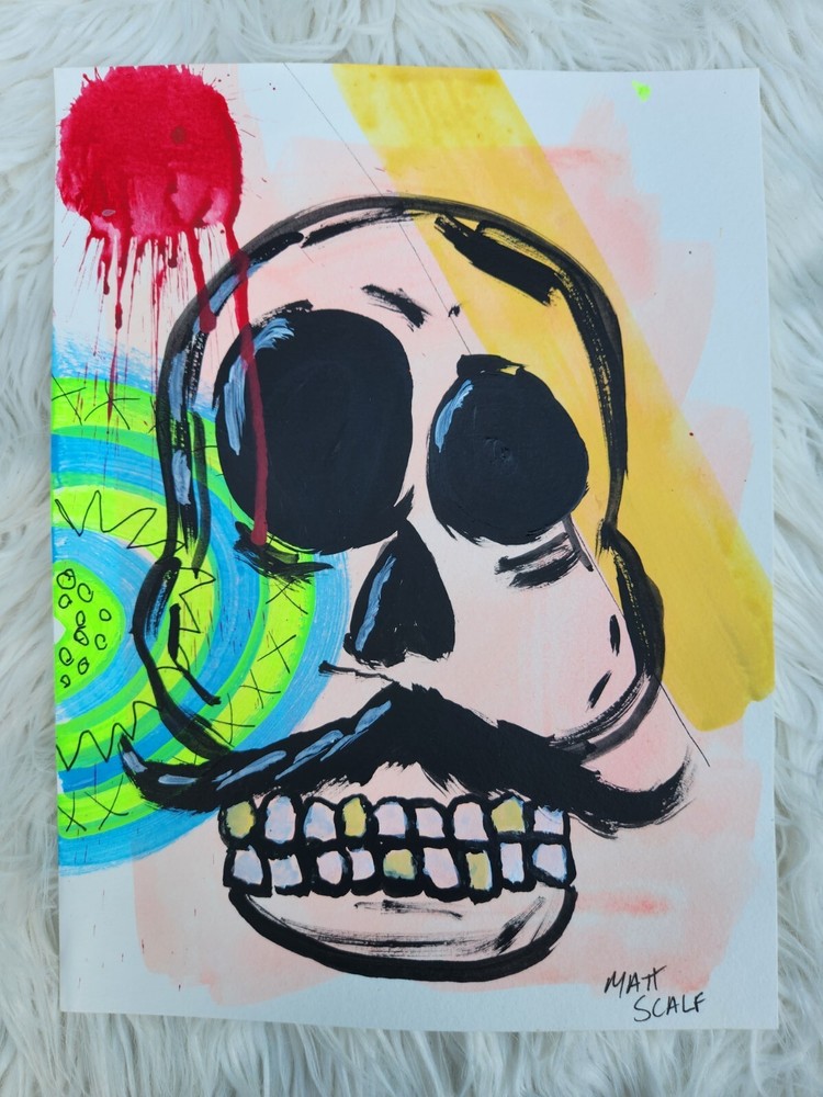 Matt Scalf Abstract Skull Mustache Graffiti Street Art 9x12 ORIGINAL PAINTING-image