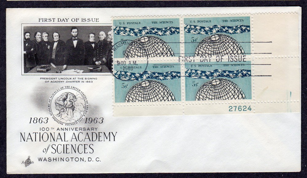 1963 Academy of Sciences Centenary FDC Scott 1237 Artcraft Plate Block NT362-image