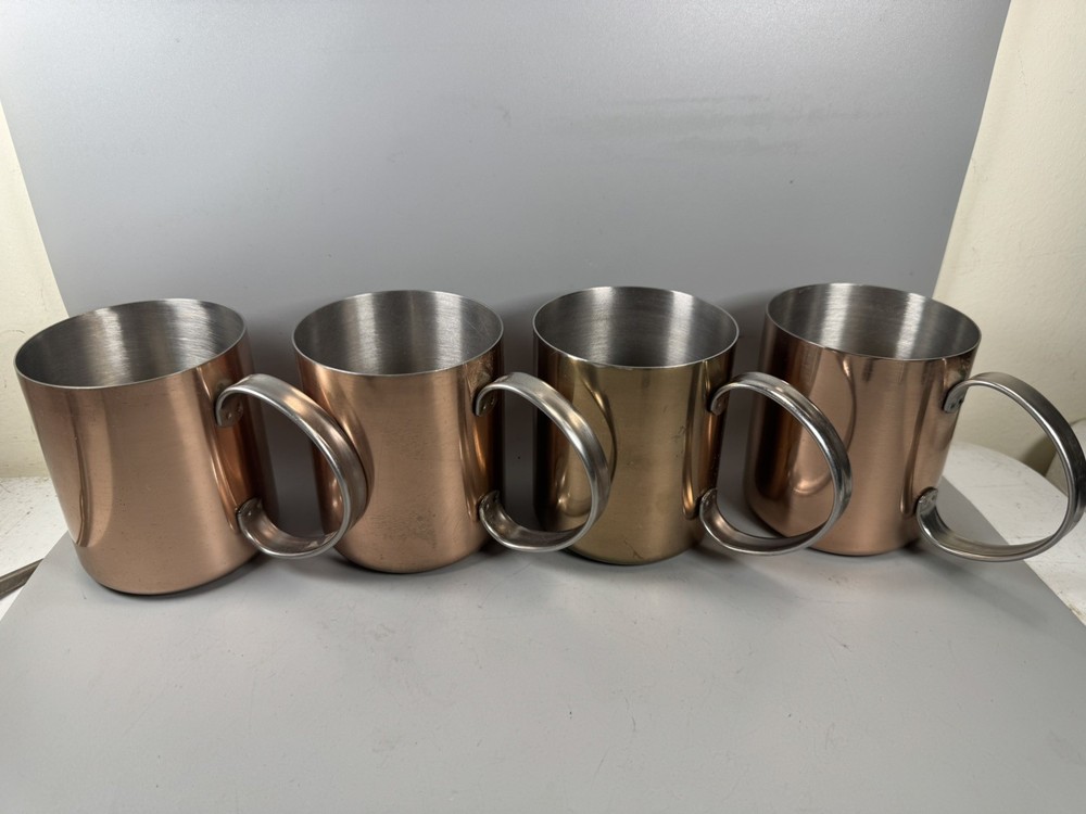 Vintage Set of 4 Copper Camping Tone Stainless Steel Mugs Cups 3.5” Used