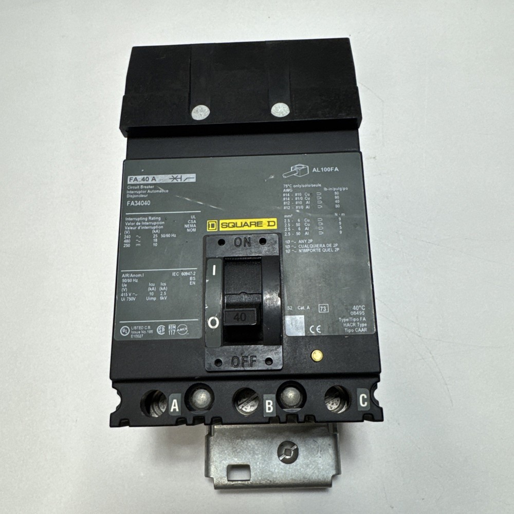 Square D FA34040 I-Line Circuit Breaker 40A 3P 480V FA 40 Amp 3 Pole