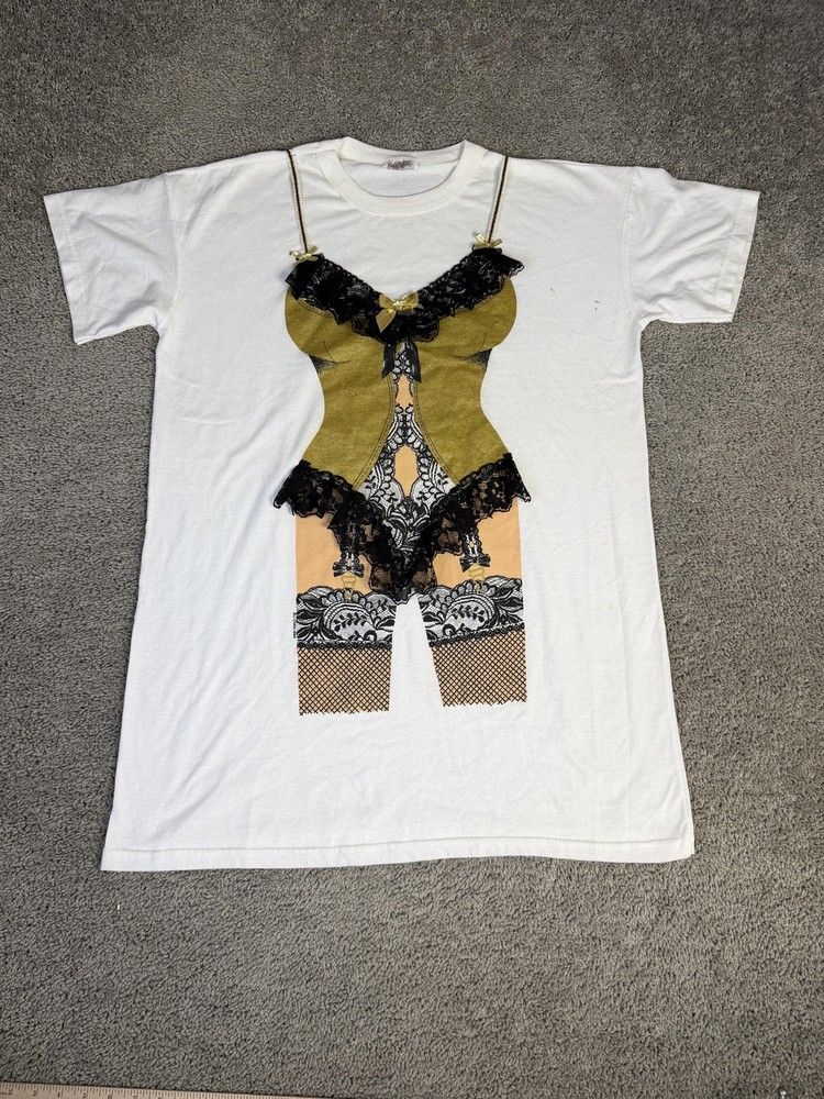 Vintage 80s Sensual Teeze Shirt Womens OS White Lingerie Corsett Graphic Bow