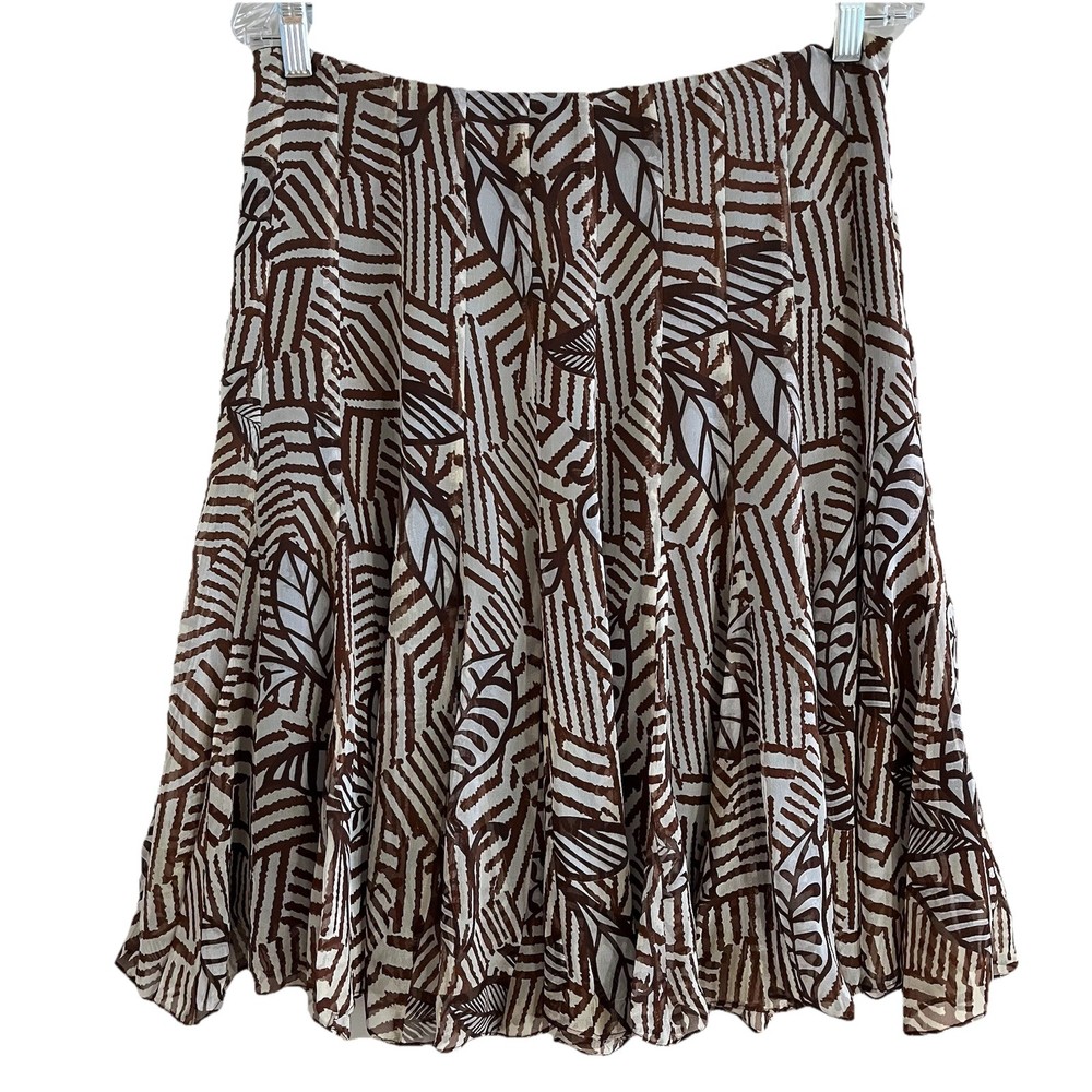 ICE Silk Skirt Sz 8 VTG Leaf Abstract Brown Print Forest Fairy Whimsical Flowy-image