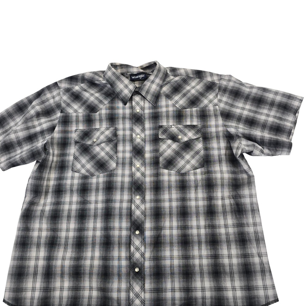 Wrangler Mens Plaid Snap Front Western Shirt Short Sleeve XXL Black White Gray