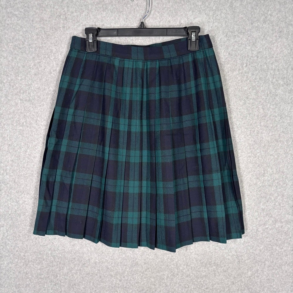 Vintage Evan Picone Tartan Pleated Skirt 28 Navy Green Wool School Girl Preppy