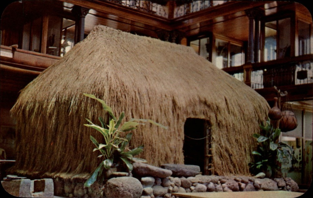 Grass House Hawaiian Hall Bishop Museum Honolulu Hawaii ~ 1950-60s postcard