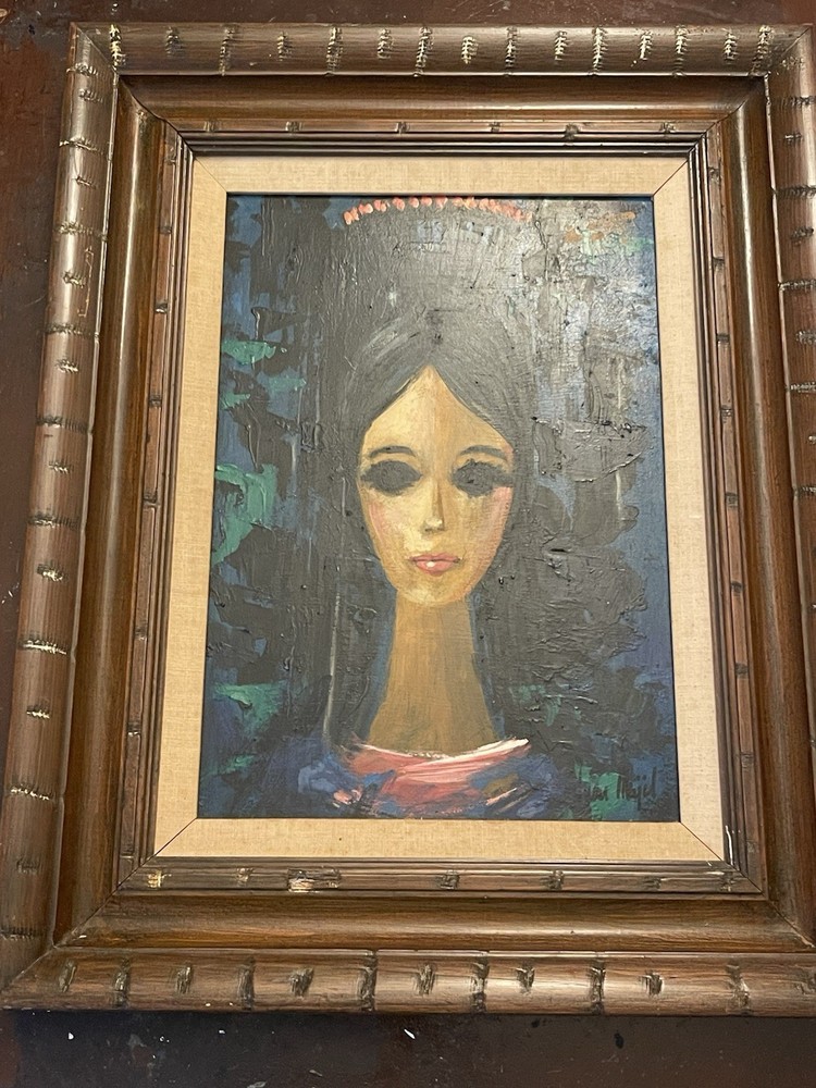 Vintage Mid Century Modern Big Eyes Woman Portrait OilPainting Signed Framed MCM
