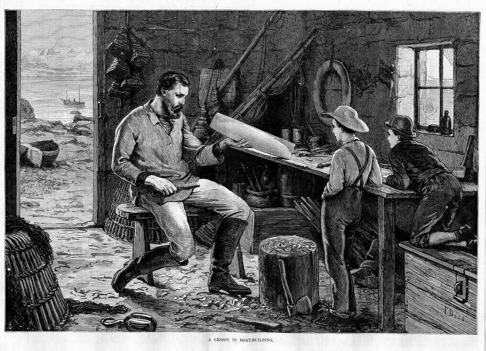 FATHER GIVING BOYS LESSON IN BOAT-BUILDING BOAT CARVING
