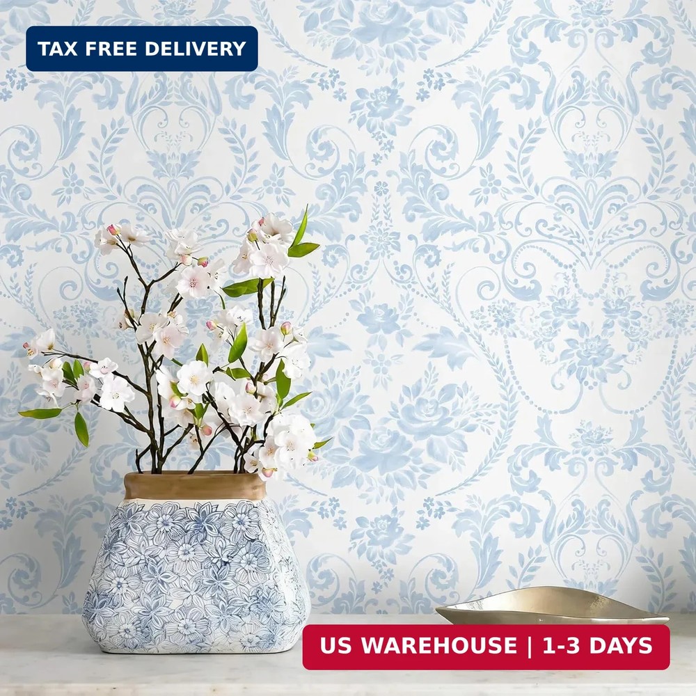 Vintage Wallpaper Floral Peel and Stick Wallpaper Blue and White Wall Paper Peel