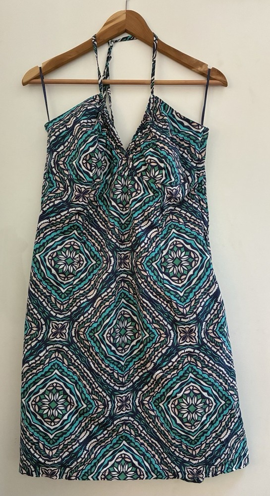 H&M Women's Patterned 100% Cotton Halter Neck Sleeveless Tank Dress Blue US 14