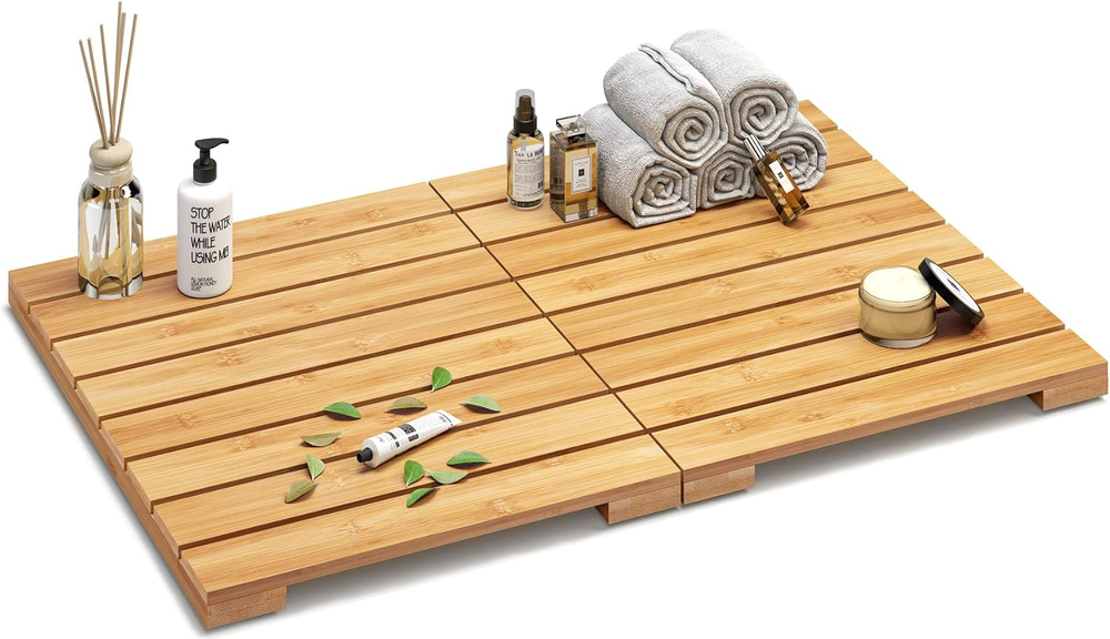 Waterproof Bamboo Shower Mat for Bathroom 23.5x15.6 Inches Wooden Floor Mat