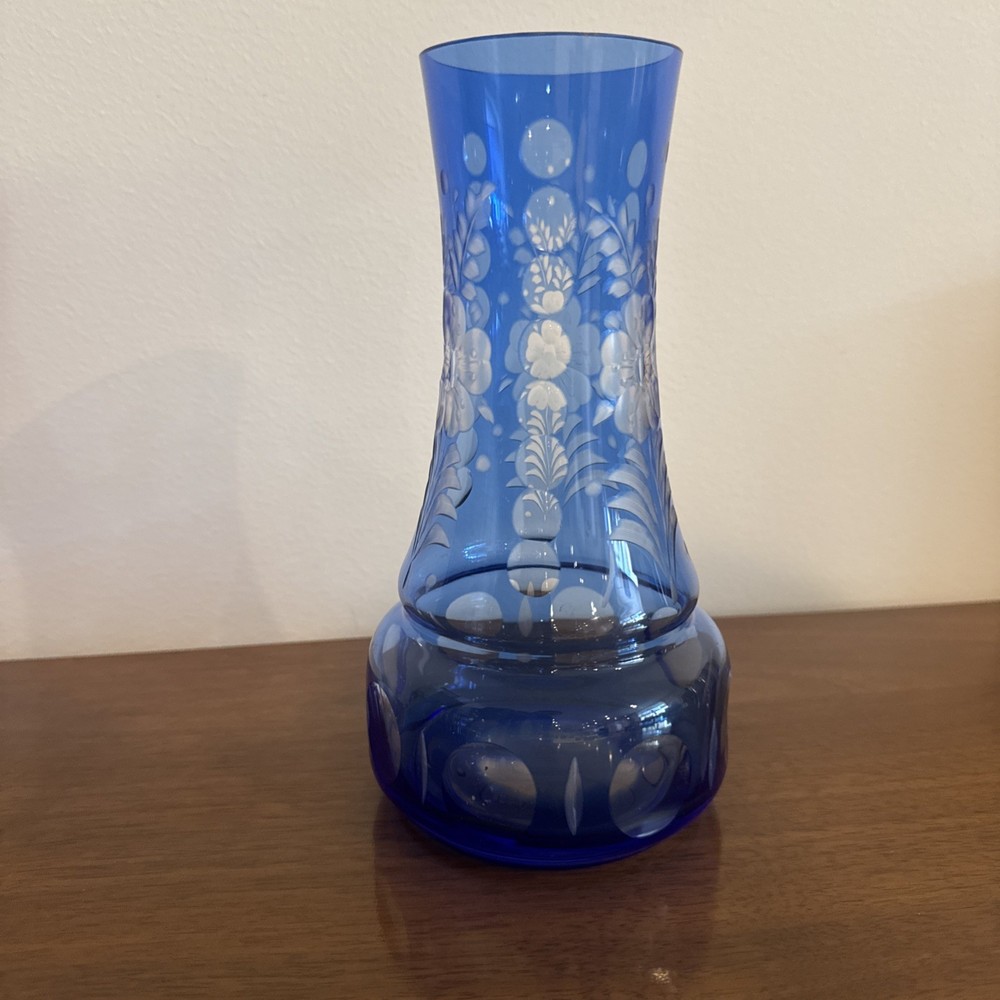 BOHEMIAN CZECH COBALT BLUE CUT TO CLEAR BEDSIDE WATER DECANTER Vintage Gorgeous