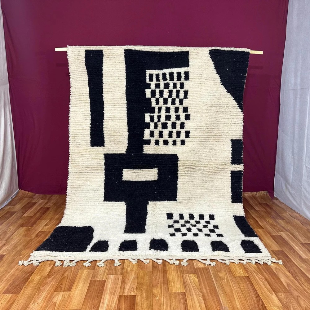 Custom Moroccan Berber Wool Rug Color Black and White Handmade Design Carpet Rug