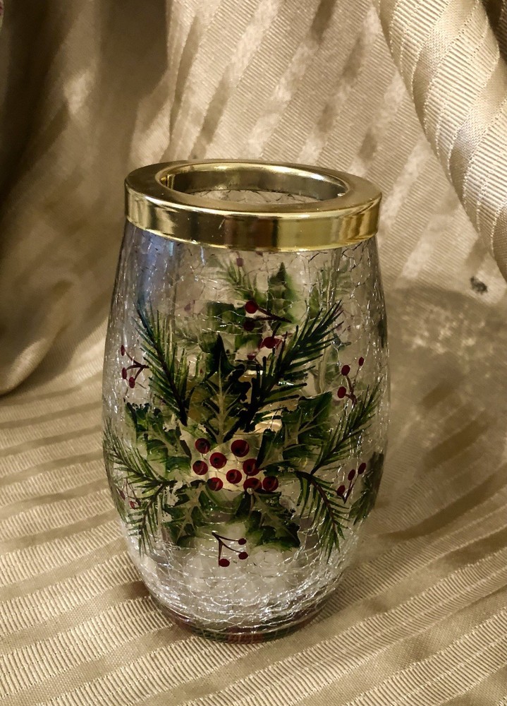 Yankee Candle Glass Crackle Christmas Holly Tea Light Candle Holder
