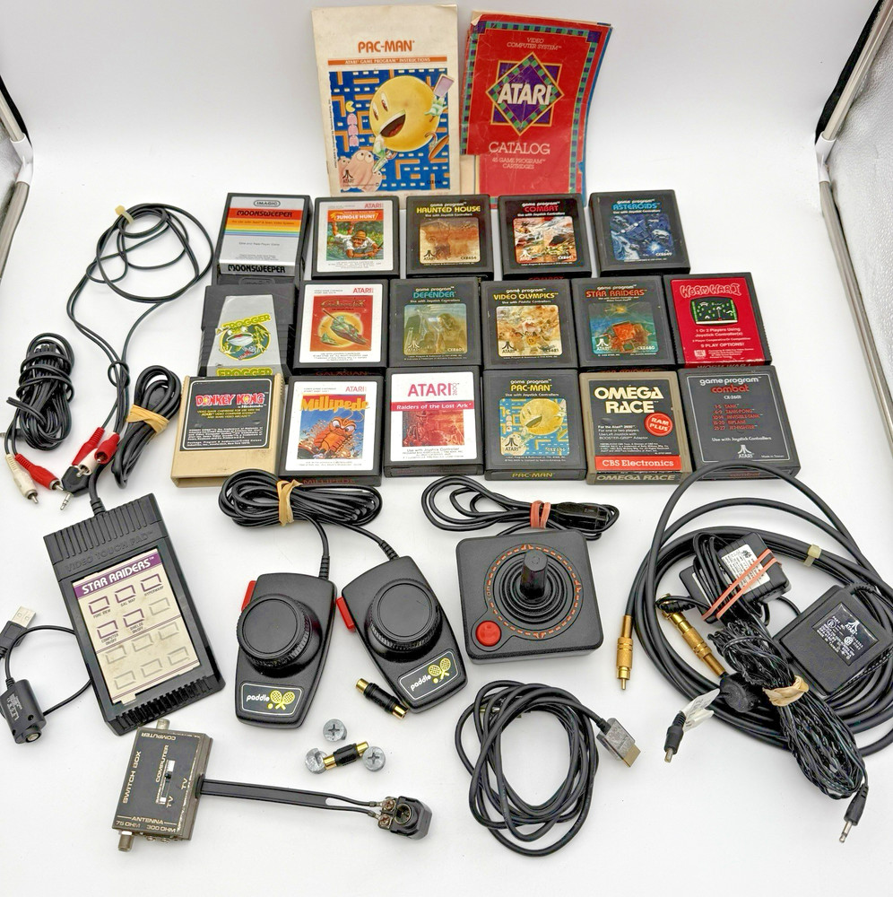 Vintage Atari 2600 Huge Game Lot 17 Games Joysticks Paddles Cables Manuals