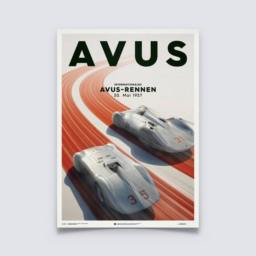1937 Avus Silver Mercedes-Benz & Auto Union Vintage Racing Poster