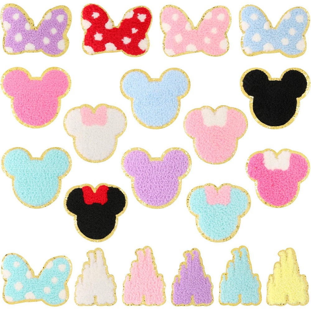 20 PCS Chenille Iron-On Patches with Colorful Castle and Bowknot Designs