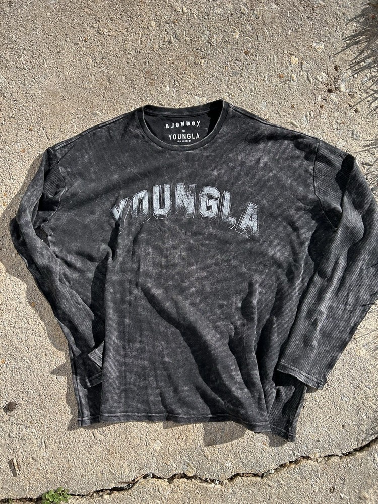 EUC YoungLA Washed Black Thermal Long Sleeve Shirt Men's Large