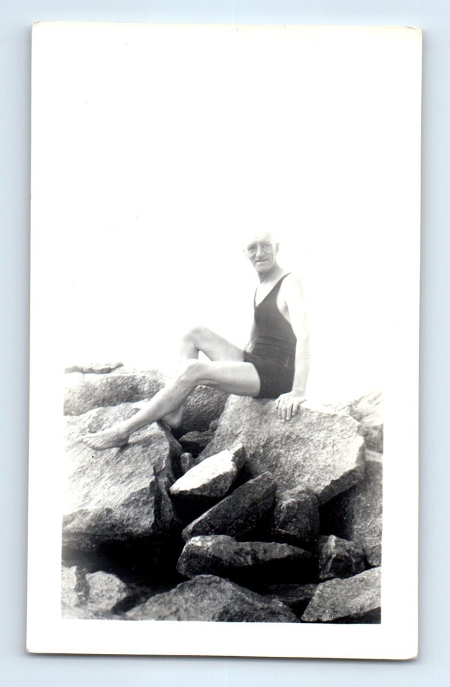 Old Vintage Photo SOLO OLDER MAN HUNK ROCKS BEACH SCENE SOUTH YARMOUTH 1940