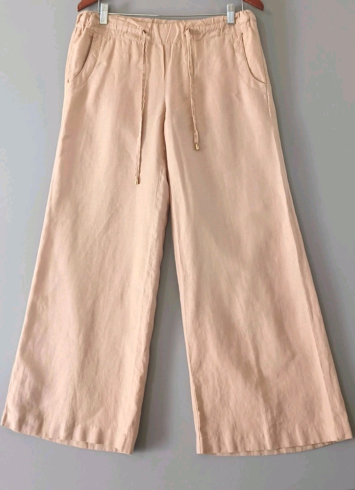 Guess low rise wide leg linen pants Sz M  Pockets drawstring Lagom Beachy Cruise