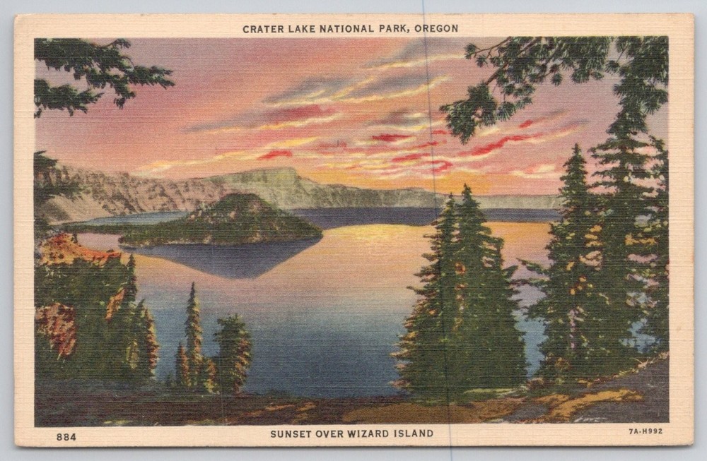Crater Lake Oregon Sunset Wizard Island Linen Postcard C.T. Colortone