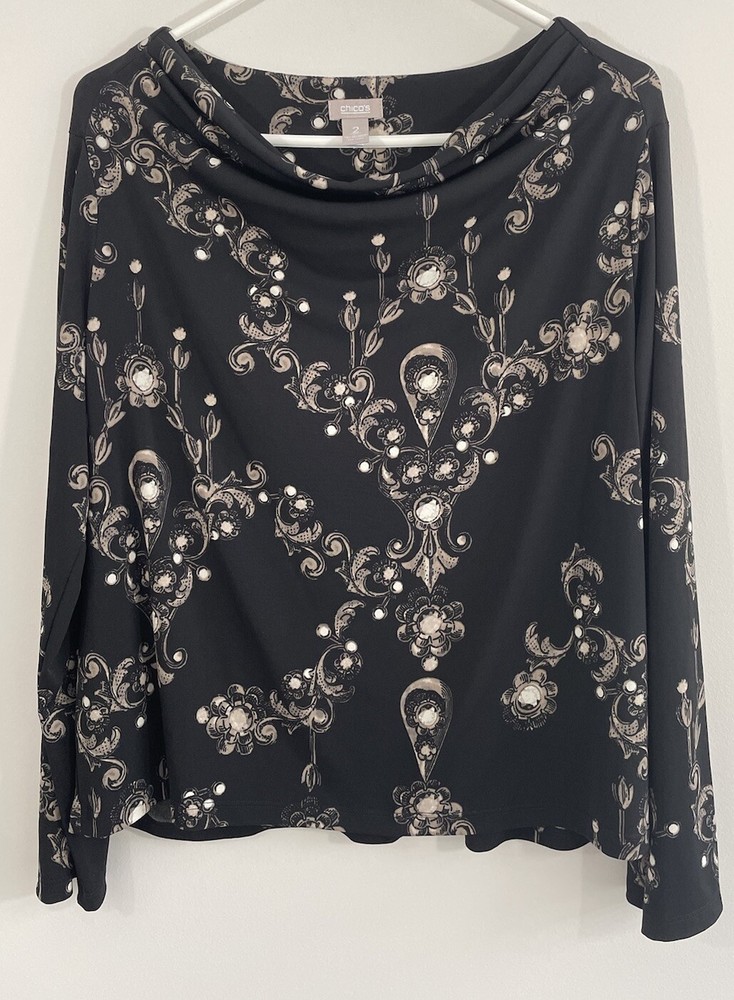 Chico’s top blouse size 2 womens large black slinky knit drape neck jewel print