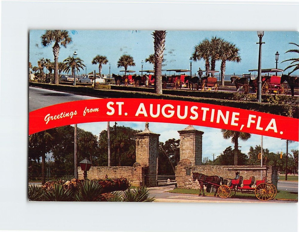 Postcard Sightseeing Carriages Old City Gates St. Augustine Florida Greetings