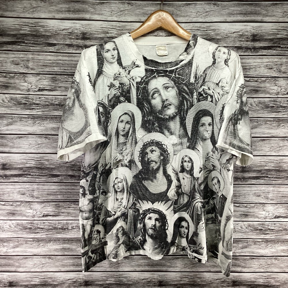 Vintage Jesus Shirt Mens XL White Archaic Smile All Over Print USA 90s RARE