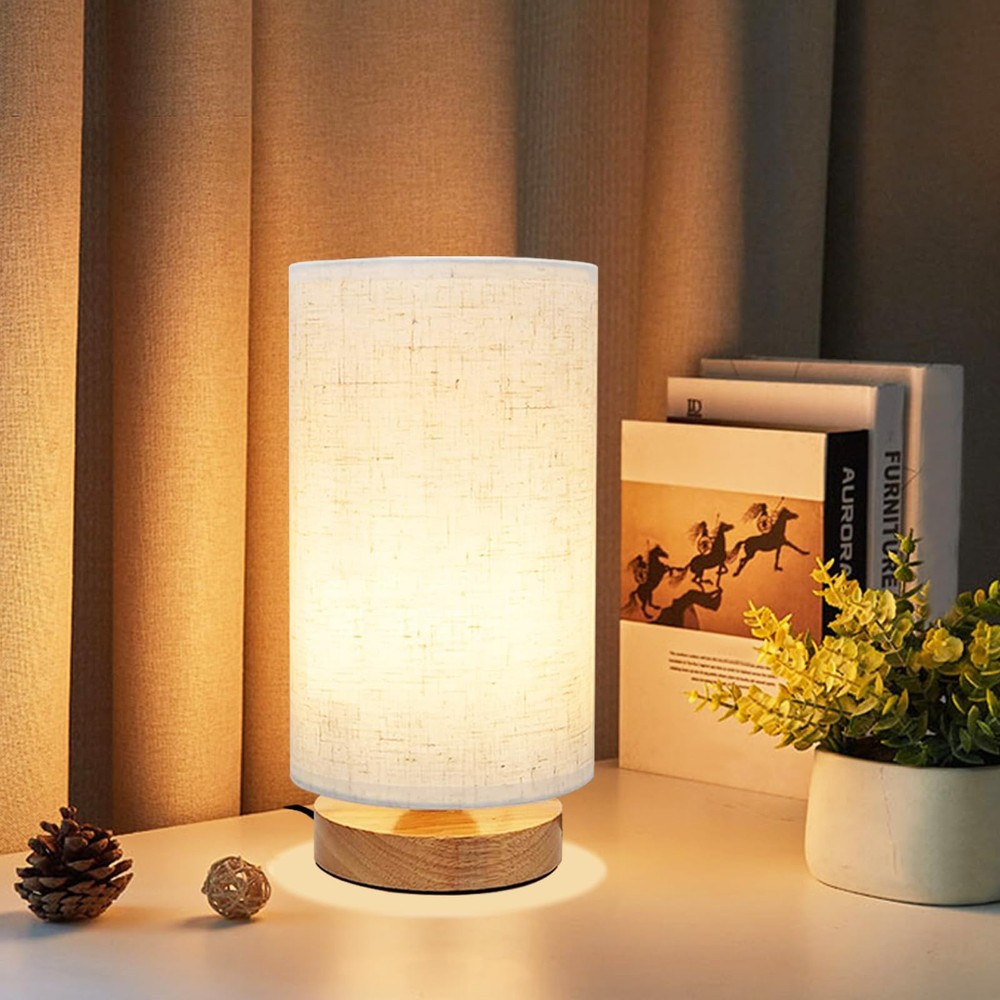 Table Lamp Bedside Nightstand Light Warm White LED Wood Base Fabric Shade