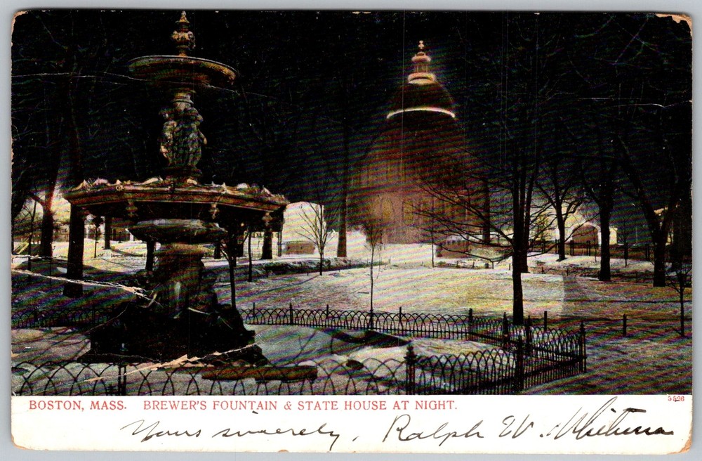 Antique Postcard Brewer's Fountain & State Boston, MA 1900s