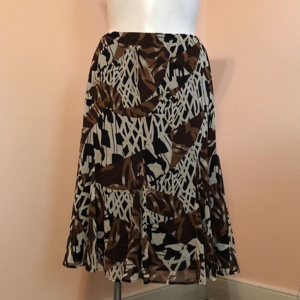 JM Collection Brown Black White Floral Skirt Size 14 Maxi Sheer Lined Peasant
